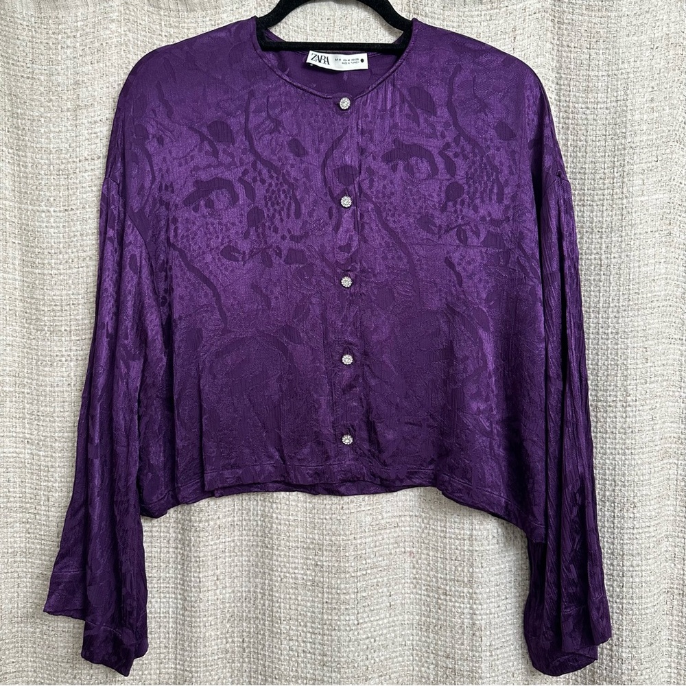 Zara Purple Jacquard Satin Wide Sleeve Blouse Rhinestone Button Dark Coquette -M